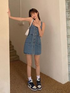 Casual Dresses 2023 Summer Spaghetti Strap Denim Dress Women Korean Fashion Slim Single Breasted Mini Jean Dreses Elegant