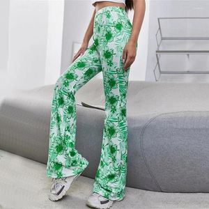 Women's Pants Flare Leggings Women High Waist Workout Yoga Tummy Control Stretch Sunflowers Print Wide Leg Trousers Green XL