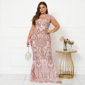 Plus size vestidos plus size feminino rosa lantejoulas vestido de noite elegante decote em v beading festa maxi vestido longo vestido de baile 230511