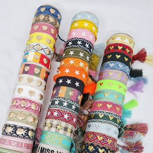 Chain Wholesale 10pcs Handmade Embroidery Heart Stars Wrap Bracelet Metal Buckle Lace Up Adjustable Weave Fabric Bracelets with Tassel 230511