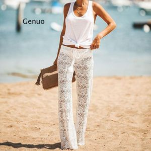 Damen-Bademode Marke Womens Crochet Beach Wide Leg Pants Durchsichtige lange Hosen CoverUps Weibliche Sommer-Outfits 230510