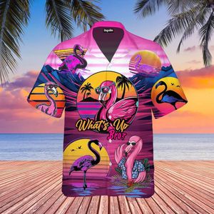 メンズカジュアルシャツ夏ハワイアンのためのハワイアン3D漫画フラミンゴビーチ特大の面白い服ファッション半袖