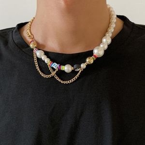 Kedjor överdrivna pärlhalsband för män guldfärg kort choker yin yang brev smycken krage perlas hombre