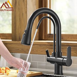 Kitchen Faucets Quyanre Matte Black Filtered Crane For Pull Out Spray 360 Rotation Water Filter Tap Three Ways Sink Mixer Faucet 230510