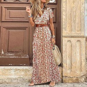 Casual Dresses Boho Paisley Print Women Elegant V Neck Short Sleeve Belt Large Hem Long Summer Vintage Beach Party Maxi 230511