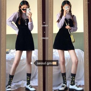 Work Dresses Two-piece Sweet Girl Group Style LOOK-Korean Fresh Taro Purple Bottoming Shirt Cute Layered Suspender Dress