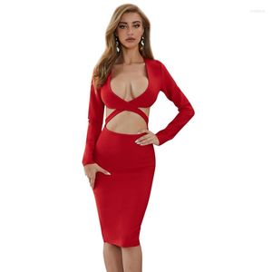 Casual Dresses Sexy Deep V-neck Bodycon Bandage Red Women's Fashion Nightclub Wear Dancing Costume Of Theatre Female Dress Vestido