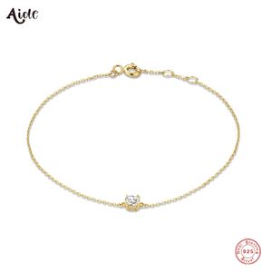 Aide 925 Sterling Silver Single Round White Zircon Chain Bracelets For Women 18K Gold Plated Simple Bracelet Temperament Jewelry