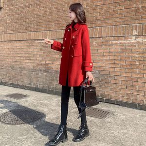 Wełna damska szybka czarna wełniana płaszcz dla kobiet w połowie długości 2023 wiosenna jesień w stylu Hepburn Red Femme Jacket Loose Botton
