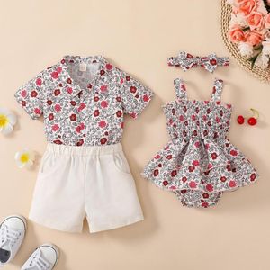 Clothing Sets FOCUSNORM Family Toddler Kids Boys Girls Summer Clothes Sets/Romper Floral Print Turn-Down Collar Short Sleeve Shirts Shorts