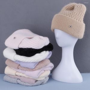 BERETS 2023女性のための毛皮の冬の帽子ビーニー柔らかい暖かいふわふわしたソリッドカラーアンゴラニットスカリー