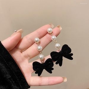 Dangle Earrings Vintage French Flocking Black Bow For Women Temperament Long Pearl Tassel Drop Earring Winter Fashion Charm Jewelry