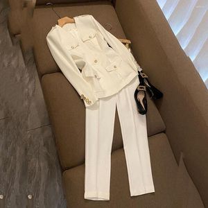 Women's Two Piece Pants European White Long Sleeve V-neck Blazer Ladies Slim Temperament Commuter Suit Jackets Professional Trousers