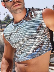 Männer Tank Tops INCERUN Mode Männer 20231 Patchwork Shiny Oneck Ärmel Crop Sehen Durch Streetwear Party Nachtclub Westen 230510