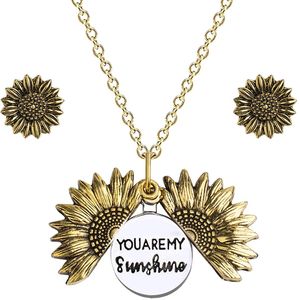 Vintage Double Side Engraved Sunflower Pendant Necklace Sunshine Keep Going Jewelry for Women Gift