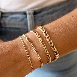 gold color Cuba chain charm bracelets for women Stainless steel link chain Lobster clasp snap button jewelry drop shipping