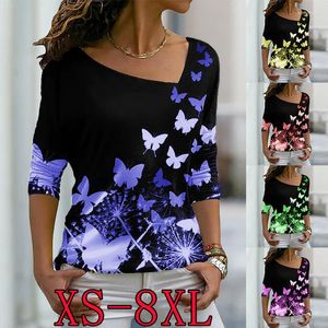 Women's T Shirts Women's Fashion Autumn Winter V-Neck ELEGANCE PRINT Butterfly Pullover Loose T-Shirt XS-8XL