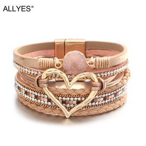 Allyes Metal Love Heart Charm Leather Armband för kvinnor Fashion Rhinestone Flätade Wrap Armband Bangle Female smycken GFITS