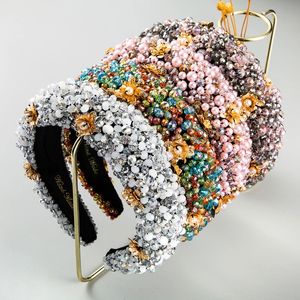 豪華な太いスポンジゴールドベルベット象牙の真珠の花のヘッドバンドヘアアクセサリー女性手作りカラービーズヘアバンドヘアフープ新しい