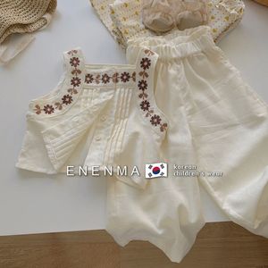 Sets Suits Set Kaus Celana Elastis Pinggang Kerah Leher O Tanpa Lengan Modo Panjang Sederhana Kasual Musim Panas Anak Perempuan 230510