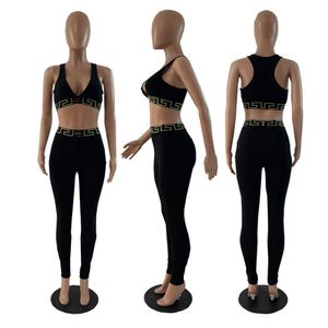 Yoga Summer New Women Tracksuits Mode Two Piece Set Sports Casual Letter Print Vest and Tights Leggings Pants 2st Set For Ladies 746