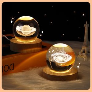 6cm 3D Crystal Ball LED Night Light with Wood Base USB powered, Deer, moon, solar system, galaxy Bedside Night Lamp for Home Office Bedroom Decoration