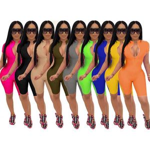 Summer 3XL 4XL Plus Size Jumpsuits Women Onesies Designer Clothing V-neck Zipper Rompers Bodycon Shorts Sleeveless Capris