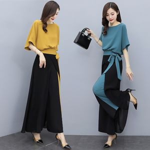 Women's Two Piece Pants Chiffon Women'S Suit Summer Female Pantsuits Solid Batwing Sleeve O-Neck Top Patchwork Wide Leg Pants 2 Piece Costume 230511