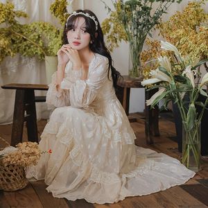 Casual Dresses Medieval Vintage Chiffon Woman Dress Retro French Style Lantern Sleeve Lace Floral Romantic Princess Vestido Festa