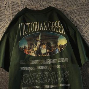 Camisetas masculinas Europeia e americana Tide Brand Dark High Street Hip Hop Green Casal Tops soltos Algodão T-shirt de manga curta Homens Mulheres