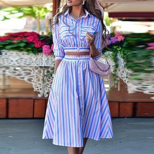 Two Piece Dress Elegant Turn-down Collar Button Blouse Skirts Suit Autumn Fashion Striped Print Two Piece Sets Casual 3/4 Sleeve Women Outfits 230512
