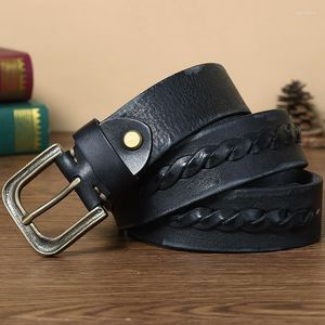 Cintos homens Men Belt de couro trançado genuíno de 3,8 cm de fivela de pino de cobre para jeans para jeans Retro com tecido machado casual G825