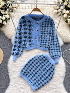 Two Piece Dress SINGREINY Fashion Plaid Knitted Two Pieces Suits Long Sleeve Short Sweater CardiganMini Bodycon Dress Streetwear Autumn Sets 230512