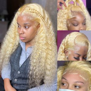 Brasiliansk 13x4 Deep Wave Transparent spets frontala peruk 613 honung blond lockigt simulering mänsklig hår peruk 200% remy syntetik för kvinnor