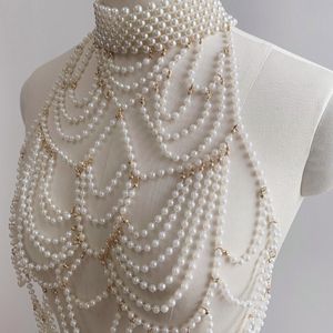 Neck Ties Mutlilayered Pearl Body Chain Choker Necklace Harness Adjustable Sexy Bikini Jewelry Bib for Pageant Prom Party 230512