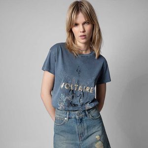 Zadig Voltaire Women's Summer Cotton pepe jeans t shirt with Guitar Letter Stamping and Heavy Industry Washing - Short Sleeve Fashion Top in Fried Color