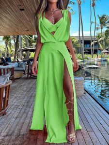 Two Piece Dress Sexy Vest And Maxi Dress Women Outfits Summer Women Beach Loose Two Piece Set Lady Patchwork Short Tops And Skirt Matching Suit 230512
