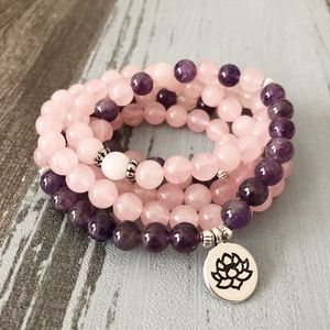 Kettentest Frau Mala Halskette Armbänder Für Frauen Rosenquarze Amethysten Yoga Armband Lotus 108 Perlen Rosa 230511