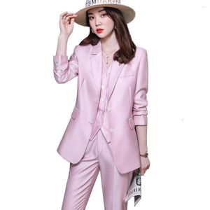 Women's Two Piece Pants Women Blazer Vest And Pant Suit White Navy Blue Pink Formal 3 Pieces Set For Office Ladies Business Work Career Wear