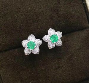 Stud Küpe Çiçek Küpe Doğal Emerald Gerçek Orijinal 925 Gümüş 3mm 2pcs Gem