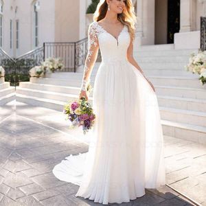 Boho plażowa sukienka ślubna v szyja długie rękawy szyfon otwarty back biała koronkowa aplikacja ślubna suknie ślubne seksowne vestidos de novia niestandardowe