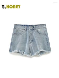 Shorts femininos Tellhoney Women Fashion Front Zipper com bolsos jeans curtos femininos casuais de cintura baixa bainha TRIM Blue Summer