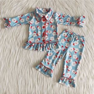 Pyjamas Großhandel Boutique Baby Mädchen Weihnachten Kinder Boutique Outfit Pyjamas Nachtwäsche Kleidung Blau Strickjacke Hemd Santa Hosen Kleinkind Set 230511