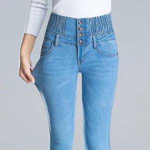 Kvinnors jeans vintage överdimensionerade 40 smala design hög midja blyerts kvinnors streetwear denim pants kvinnliga avslappnade klassiska stretchbyxor