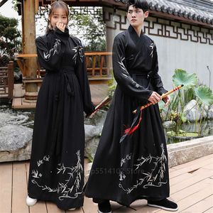 Etniska kläder vuxna unisex traditionella kläder kvinnor män forntida kinesiska kommer hanfu svart bambu broderi par streetwear set outfits g230428