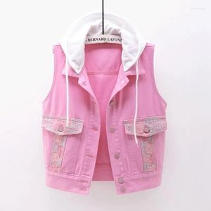 Kobiety damskie Vintage dżinsowe kamizelki dżinsowe plus kobiety z kapturem 2023 Spring Fashion Slim Sleeveles Kurtka jednokrotna Krótki Jean Gilet Pink