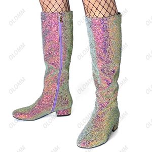 Olomm New Stylish Women Knee High Glitter Boots Square Low Heels Round Toe Purple Silver Club Wear Shoes Plus oss Size 5-15