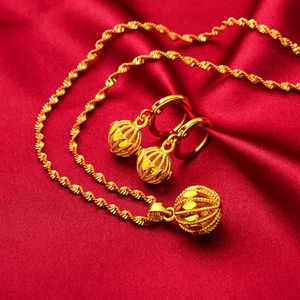 Ihålig rund bollformade kvinnor hängande örhängen set 18k gul guldfylld mode dam smycken set gåva