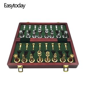 Jogos de xadrez EasyToday Metal Golden Golden e Silver Pieces Solid Wooden Dobring Board de alta qualidade Conjunto profissional 230512