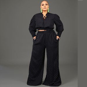 Tute da plus size da donna abbigliamento da due pezzi set polkadot rotonda laceup pantaloni larghi pantaloni a gamba sexy outfit goccia all'ingrosso 230511